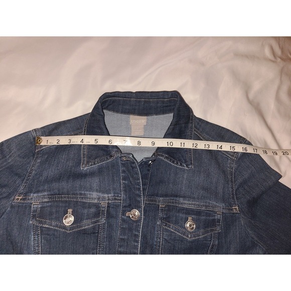 Chicos Long Denim Jacket Button Front Stretch Medium Women Size 1 - Picture 9 of 16